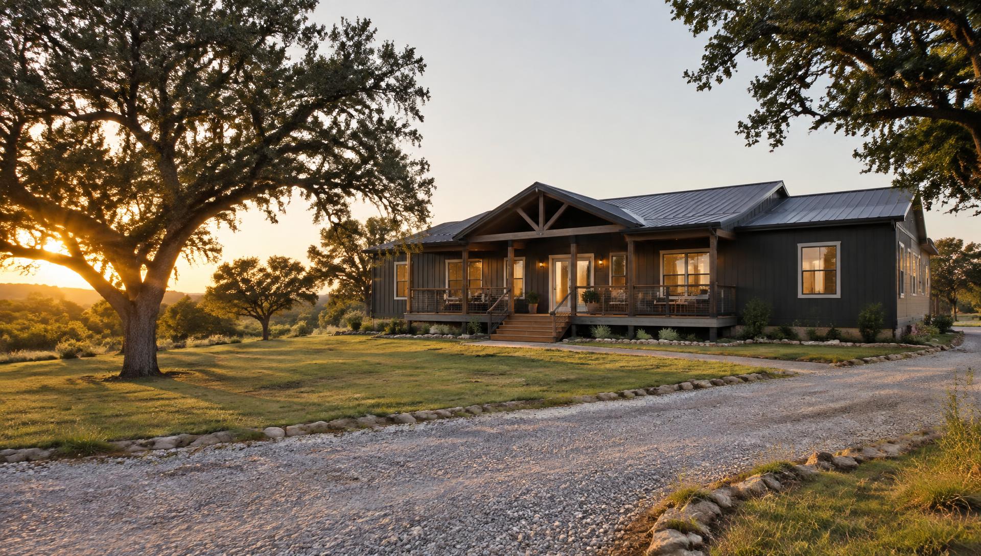 Modern home on North Texas acreage at sunset